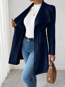 SHEIN LUNE Chaqueta casual y versátil de unicolor con cordón en la cintura - Azul Marino - Ver 6