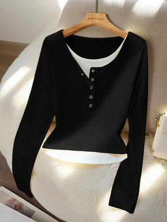 Franclia Women's Elegant Fashion Minimalist Versatile Fitted Long Sleeve 2 In 1 T-Shirt, Spring/Autumn