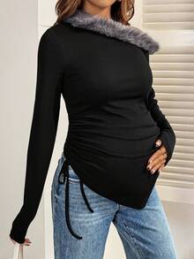 SHEIN Autumn And Winter  Maternity Patchwork Fuzzy Trim Oblique Shoulder Long Sleeve Ruched Fashion T-Shirt