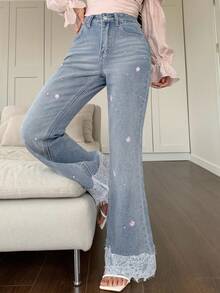Joudiya Quần Jeans Ống Loe Ôm Dáng Quyến Rũ Cho Nữ, Quần Thường Ngày Có Viền Ren Rỗng, Họa Tiết Hoa Thêu Chắp Vá - Rửa nhẹ - Xem 3