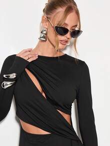 KIZN 长袖迷你连衣裙，不对称镂空设计，晚宴夜店装，侧边系带打结，褶皱修身，适合派对和特殊场合穿着。 - 黑色 - 查看 5