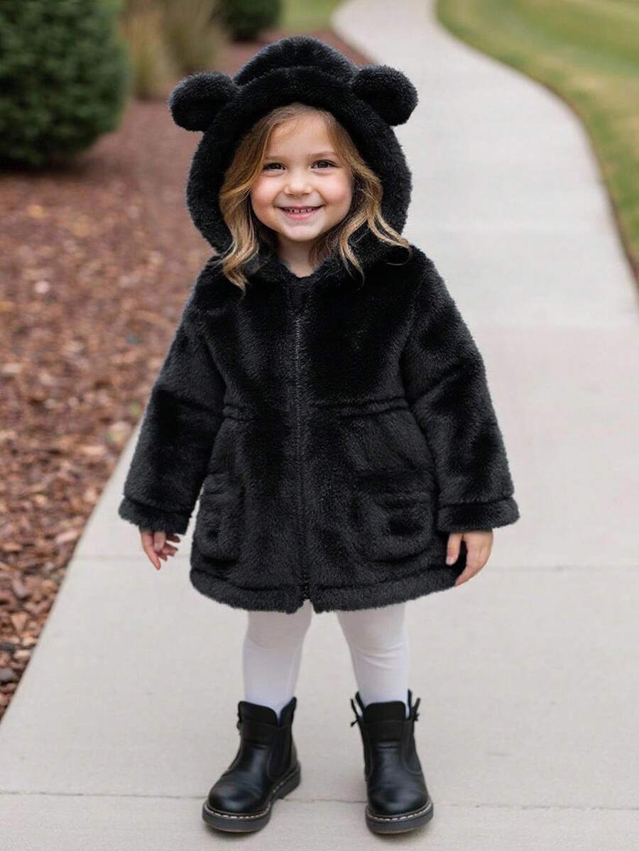 Emery Rose Kids Emery Rose Kids Babygirl Casual Fluffy Black Hooded Jacket, Versatile For Autumn/Winter Fall - Black - View 1