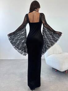 Firerie Elegantes, anspruchsvolles und würdevolles Gothic-Samt-Spitzen-Bodycon-Abendkleid mit hohem Schlitz, Neckholder-Ausschnitt, lange schwarze Kleider, Gothic-Kostüme für Halloween-Partys, elegante Abendkleider für Feiern - Schwarz - Übersicht 4