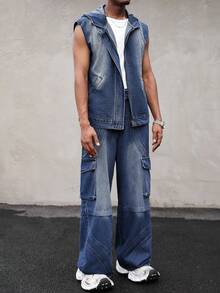 Manfinity EMRG 复古美式宽松连帽背心和直筒牛仔裤两件套 - 藍色 - 查看 7