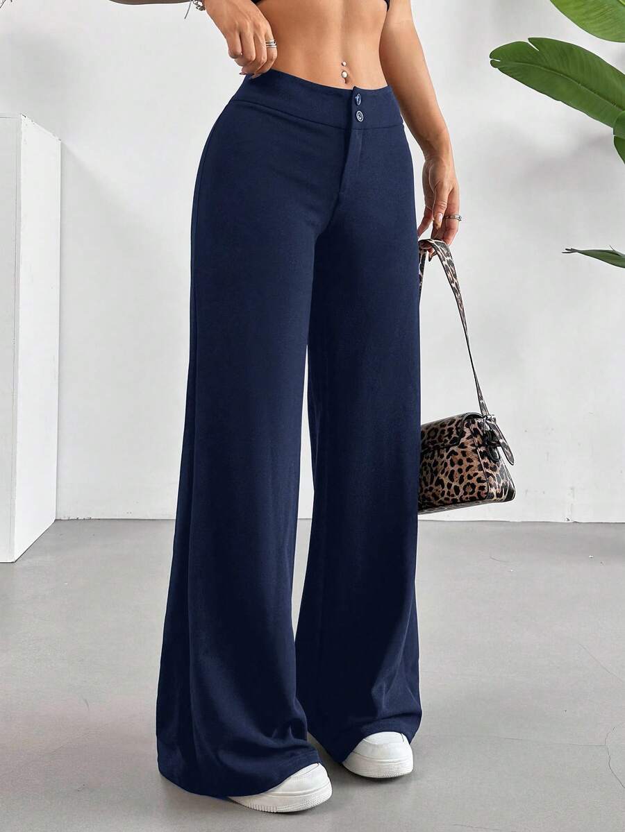 SHEIN EZwear 加大码蓝色休闲高腰直筒裤女式阔腿裤海军蓝裤子 - 藍色 - 查看 1