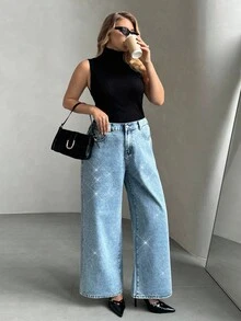 SHEIN Privé 加大码水洗钻石装饰宽松牛仔裤母亲节夏季飘逸长裤 Y2k 街头潮流俱乐部毕业典礼机场老钱风格 - 淺色水洗藍 - 查看 7