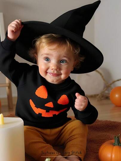 Cozy Pixies Baby Boy Halloween Pumpkin Graphic Soft Knit Crew Neck Long Sleeve Pullover Sweatshirt,In Fall/Winter