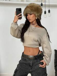 Coolane 女式秋季简约休闲基本款针织地名图案单肩宽松长袖灰色运动衫，长袖上衣 - 灰色 - 查看 6