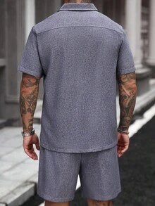 Manfinity Homme 2pcs Men's Casual Bicolor Mesh Short Sleeve Shorts Set - Blue - View 2