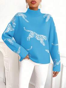 EMERY ROSE Women Animal Print Turtleneck Long Sleeve Knit Sweater