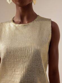 Vesra Metallic Sleeveless Fitted Crew Neck Sweater Top For Women - Gold - View 3