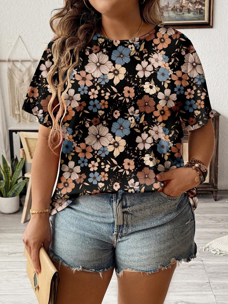 EMERY ROSE Casual Floral Pattern Loose Fit Round Neck Short Sleeve T-Shirt, Plus Size, Suitable For Summer - Multicolor - View 1