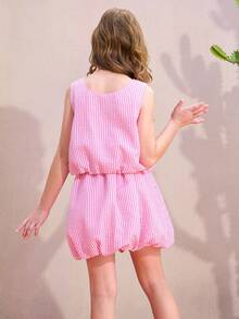 2pcs/Set Baju Anak Perempuan: Atasan Tank Tanpa Lengan Bergaris dan Rok Berumbai, Pakaian Kasual untuk Liburan Musim Panas - Berwarna merah muda - View 2