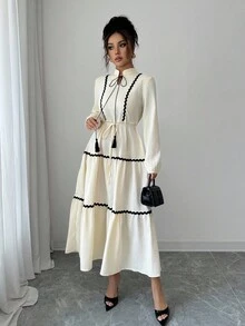 Rafferiza 女式优雅波浪纹拼布流苏领带 V 领灯笼袖喇叭裙 - 杏色 - 查看 5