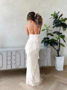 Jemour 1pc Women's Romantic Date Spaghetti Strap Ruffled Neck Bodycon Long Dress With Ruffle Trim, Spring/Summer,White Graduation Dress - White - View 2