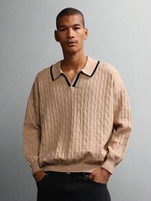 SUMWON Cable Knit Polo Sweater Retro Vintage Style Collared Pullover Knitwear Classic Fall Winter Casual Business Office Wear Plain - Khaki - View 1