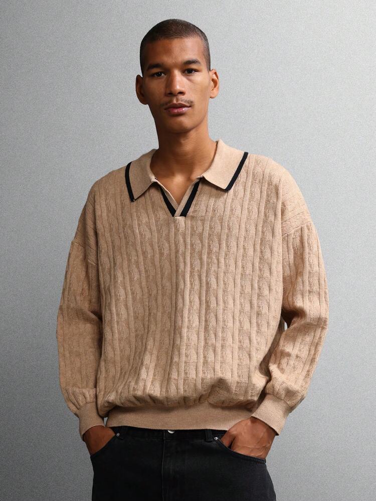 Polopullover mit Zopfmuster und kontrastierendem Kragenbesatz