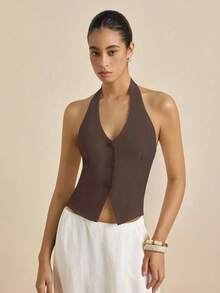 Airaco Áo hai dây hở lưng cài nút phía trước màu trơn tối giản dành cho nữ, mùa hè - Màu nâu  Mocha - Xem 5