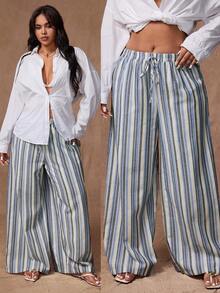 Rustia Fashionable Casual Striped Elastic Waist Wide Leg Pants Fall Cloth For Women - Multicolor - View 1