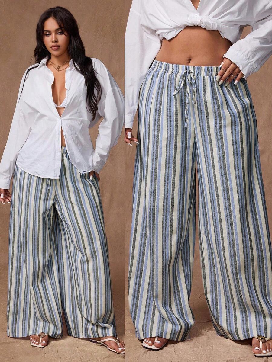 Rustia Fashionable Casual Striped Elastic Waist Wide Leg Pants Fall Cloth For Women - Multicolor - View 1