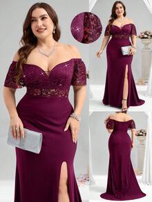 Coutiva Plus Size Formal Evening Gown (Heavily Embellished) - Red Violet - View 1