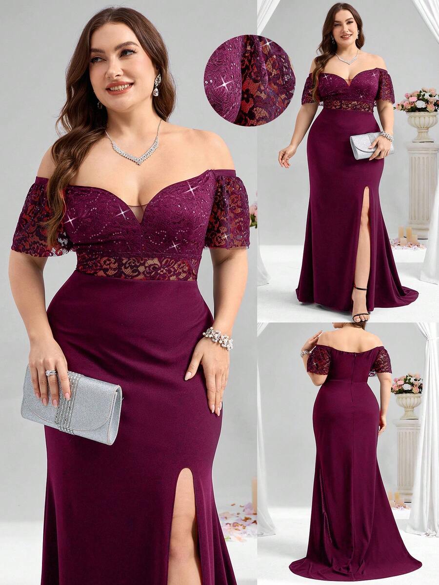 Coutiva Plus Size Formal Evening Gown (Heavily Embellished) - Red Violet - View 1