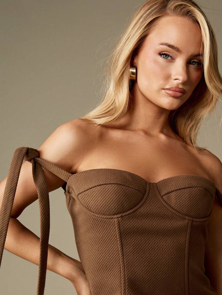 MISSGUIDED Off Shoulder Corset Top With Tie Detail Ribbed Bustier Strapless Sweetheart Neckline