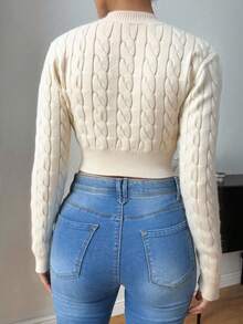 EMERY ROSE Casual Solid Color Cropped Sweater, Autumn, Christmas - White - View 2