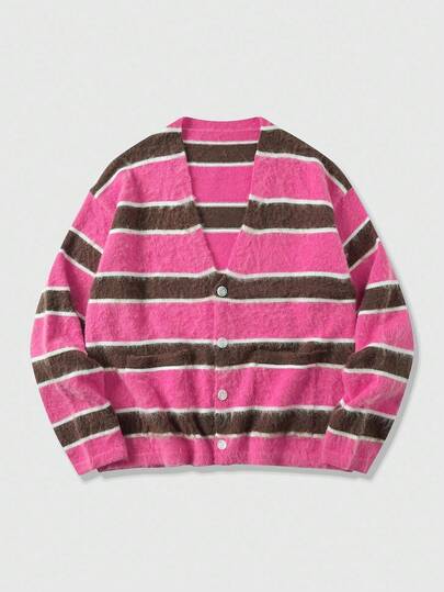 Street Life Cárdigan holgado de punto de manga larga a rayas de un solo botonadura casual para hombre, otoño e invierno