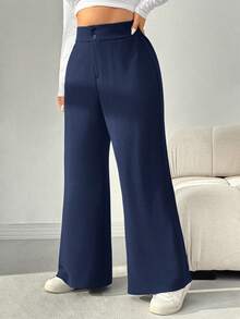SHEIN EZwear 加大码蓝色休闲高腰直筒裤女式阔腿裤海军蓝裤子 - 藍色 - 查看 4