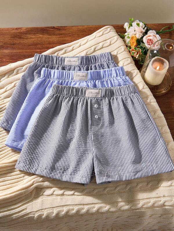 SHEIN EverLounge Women Casual Striped Elastic Waist Comfortable Shorts, Loungewear Sleep Shorts Set For Summer