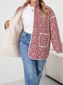 SHEIN CURVE+ Abrigo acolchado con estampado todo sobre hombros caídos, talla grande, otoño/invierno - Rojo y blanco - View 5