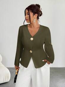 Firerie 女士休闲简约时尚金属扣西装外套，适合秋冬季通勤、工作、返校季 - 軍綠色 - 查看 8