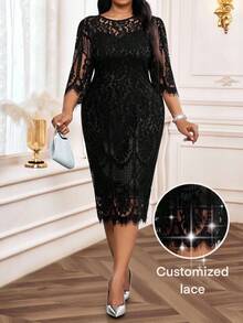 SHEIN Lady Plusstorlekar Vår, Sommar, Höst och Vinter Elegant Festklänning Svart Spetsklänning Liten Svart - Svart - Visa 1