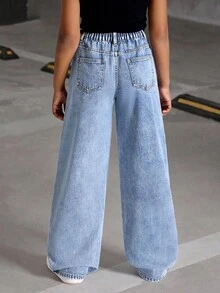 Tween Girls Y2K Style Jeans, Autumn/Winter New Arrival, Vintage Wash Effect, Casual Versatile All-Match, Minimalist Fashion, Loose Fit, Cute Print, Straight Leg, Everyday Wear, Girls Denim Pants For School, Social, Commute, Multi-Occasion Printed Jeans