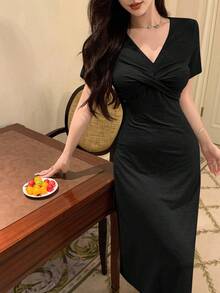 DAZY Minimalist Knit Bodycon Twist Design Women Loungewear Dress Pajama - Black - View 4