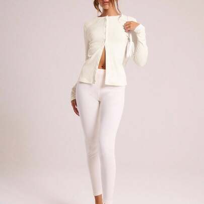 Maglietta a maniche lunghe con collo a ciurillo e bottoni, a costine, casual, adatta per vacanze, capsule wardrobe, uso quotidiano, aeroporto, vacanze