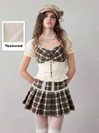2pcs Women's Plaid Patchwork Shirt And Pleated Skirt Set