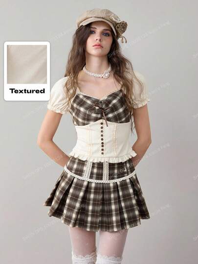 2pcs Women's Plaid Patchwork Shirt And Pleated Skirt Set