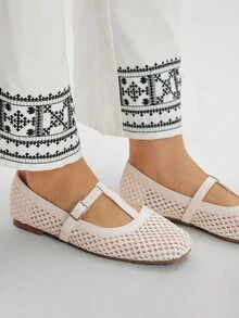 Styleloop Giày đế bệt Mary Jane dệt họa tiết mơ thoải mái thoáng khí thời trang đa năng cho kỳ nghỉ ngoài trời dành cho nữ, thích hợp cho Halloween, Giáng sinh, mùa thu - Màu be - Xem 4