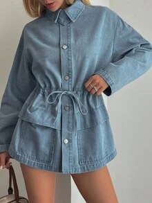 Livesso Women's Collared Cinched Waist Tie Denim Jacket - Blue - View 4