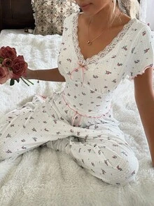 CottageSlumber CottageSlumber Conjunto de pijama casual de mujer CottageSlumber con estampado floral de jacquard cómodo