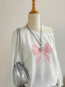 SHEIN Unity Women's Autumn Long Sleeve Bow Lace Embroidered Oblique Shoulder Sweatshirt - White - View 5