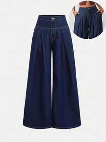 SHEIN Girlism 少女深蓝色牛仔阔腿褶裤 - 深色水洗藍 - 查看 1