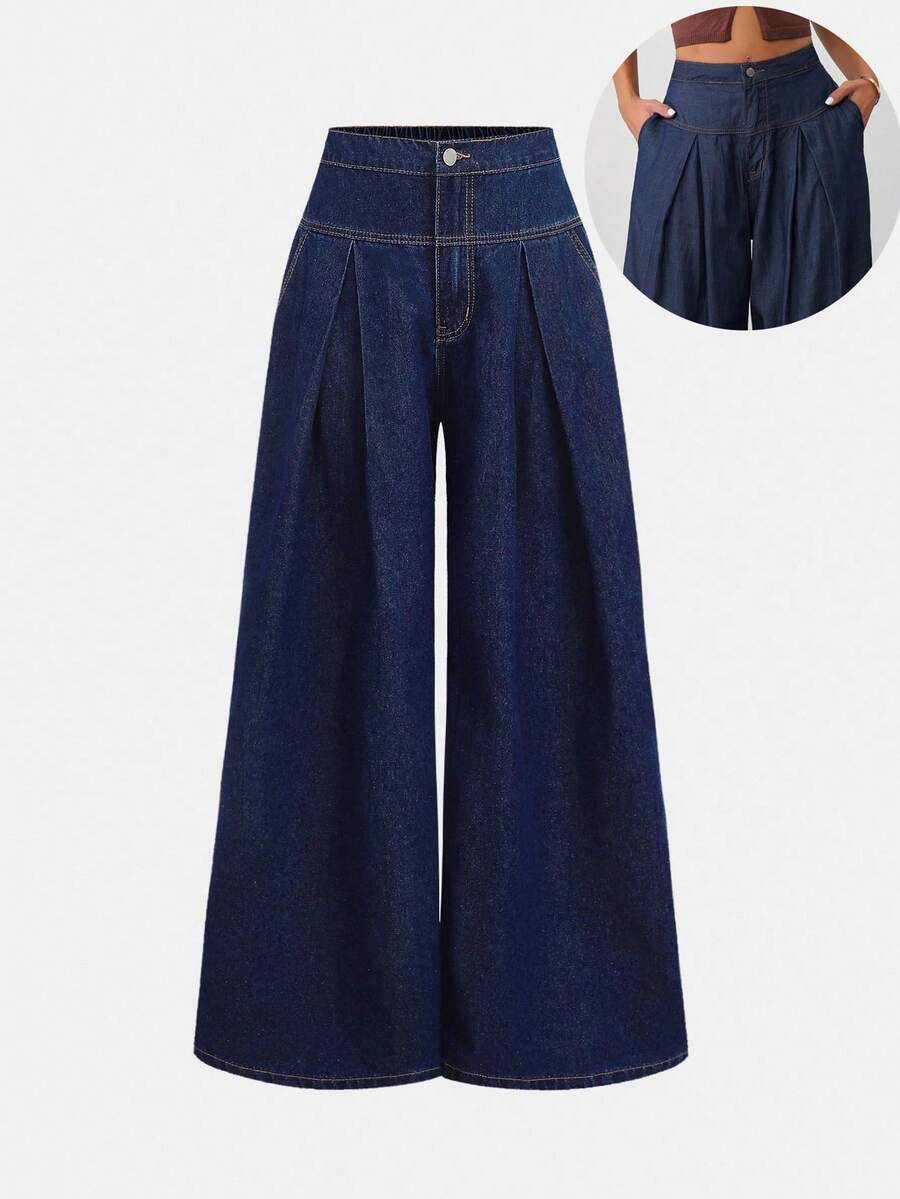 SHEIN Girlism 少女深蓝色牛仔阔腿褶裤 - 深色水洗藍 - 查看 1