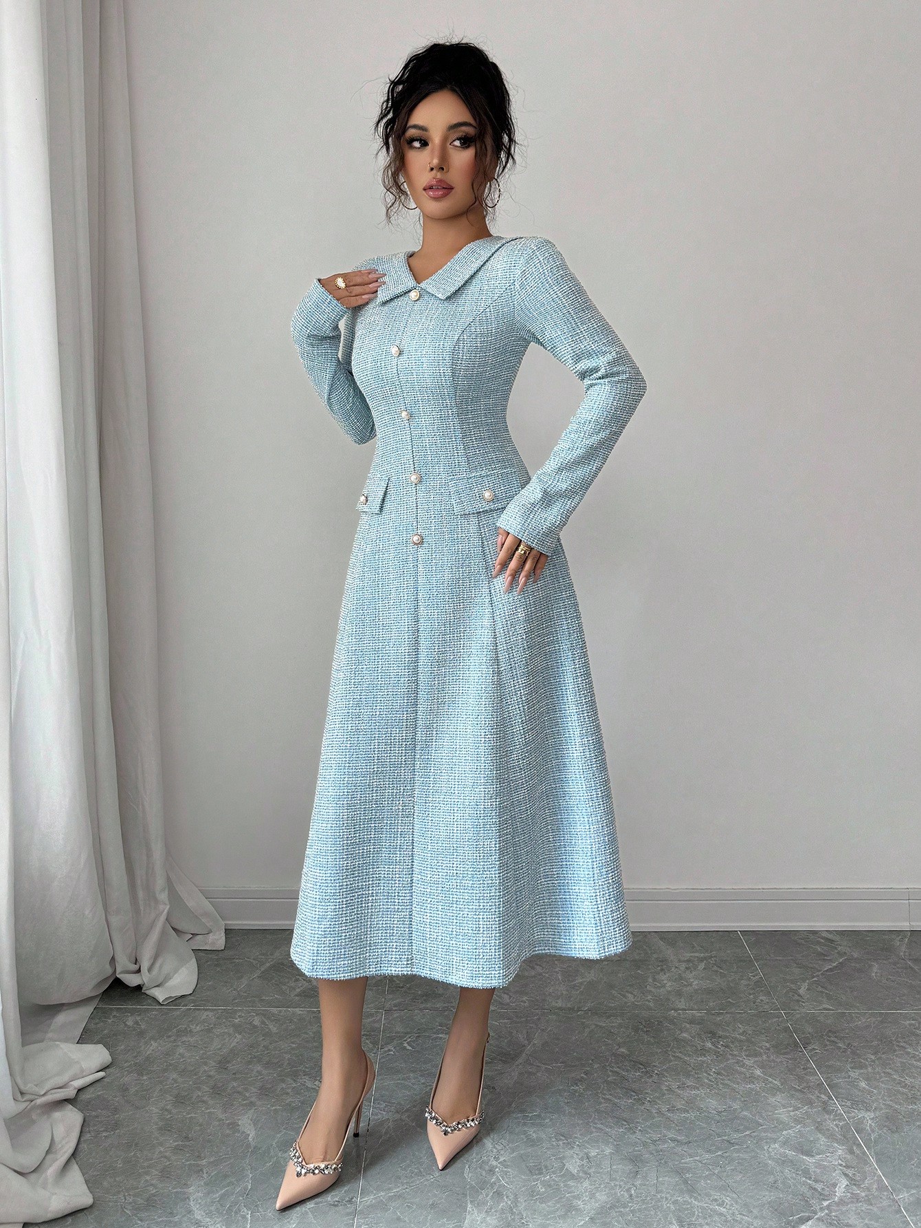 Elenzga فستان نسائي أنيق بياقة مكشكشة على شكل حرف...