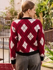 lacRébo Loose Fit Argyle Jumper Fall Women Clothes Autumn Outfits Fall Women Clothes Autumn Winter Going Out Outfits Christmas New Year Outfits - Multicolor - View 5