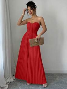 Elenzga Casual Romantic Ruched Waist Jumpsuit For Women - Red - View 3