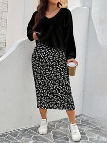 EMERY ROSE 2 件套大码女式休闲运动衫连衣裙，搭配简约黑白碎花图案，秋冬 - 彩色 - 查看 4