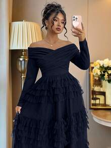 Elenzga 定制蛋糕网眼拼接露肩大码女装、生日礼服、露肩、派对、优雅、正式女装、晚礼服、婚礼女装、复活节女装、浪漫礼服、毕业礼服、婚礼宾客礼服 - 寶藍色 - 查看 6